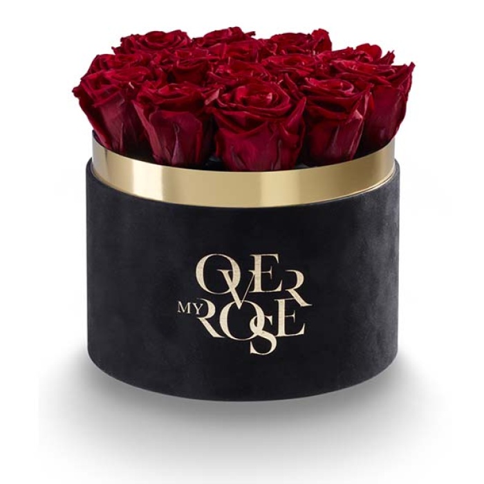 rose stabilizzate in scatola CILINDRO-NERO-VELLUTO-ROSSE