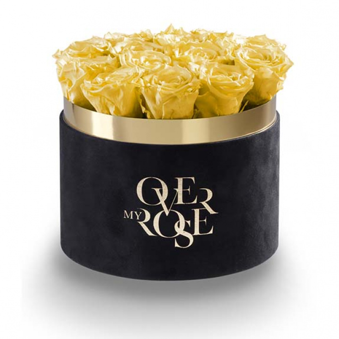 Composizione di rose stabilizzate CILINDRO-NERO-VELLUTO-GIALLE