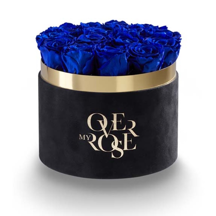 Composizione di rose stabilizzate CILINDRO-NERO-VELLUTO-BLU