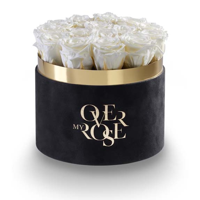 Composizione di rose stabilizzate CILINDRO-NERO-VELLUTO-BIANCHE